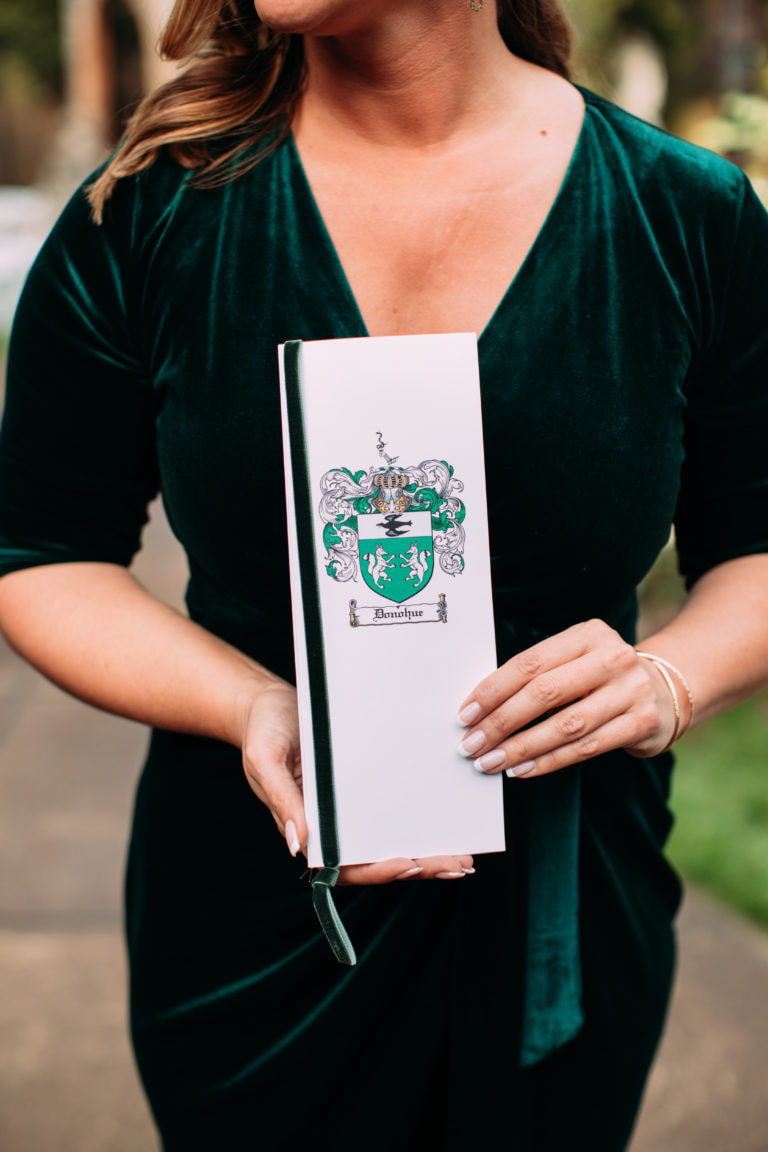 Custom Scottish wedding program in green velvet and coat of arms